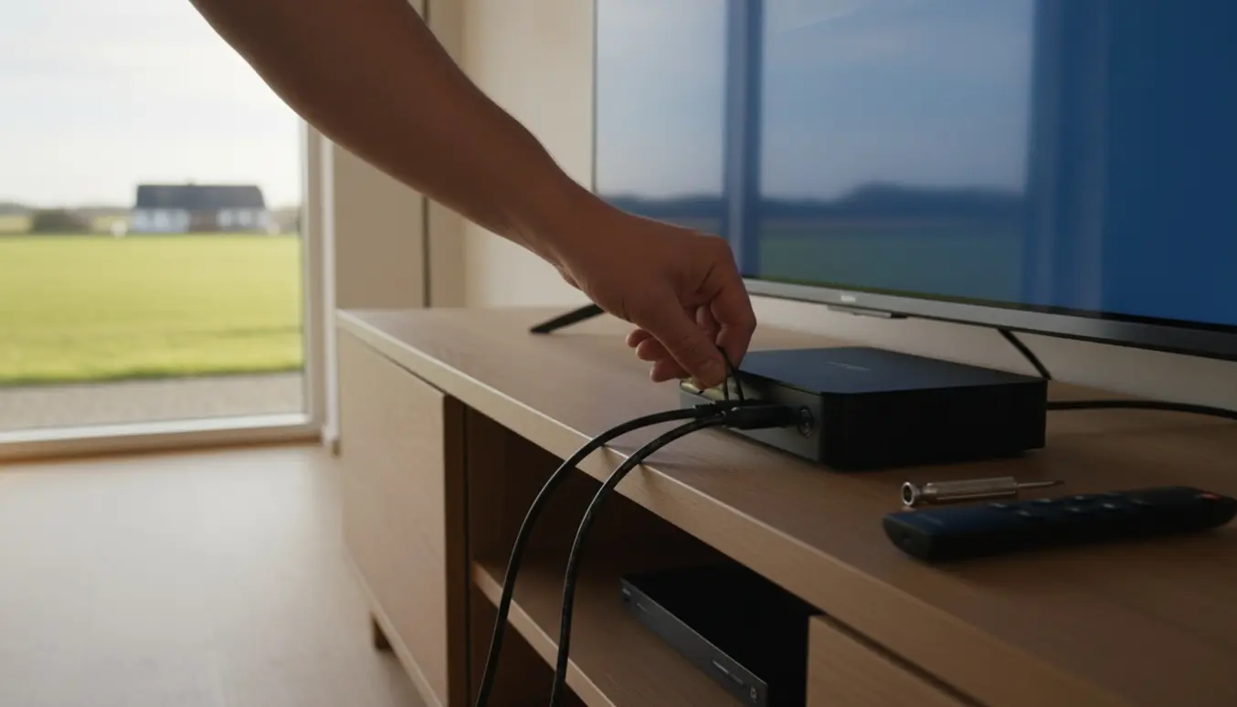 Hænder tilslutter en ny TV-boks i en hyggelig stue med udsigt over Lollands landskab.