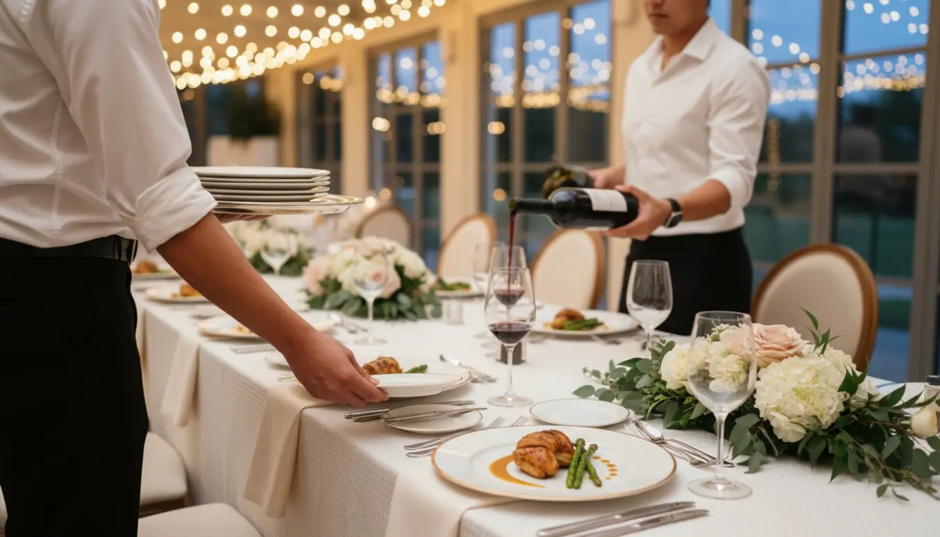 To tjenere i formelt tøj anretter tallerkner og skænker vin ved et elegant bryllupsbord.