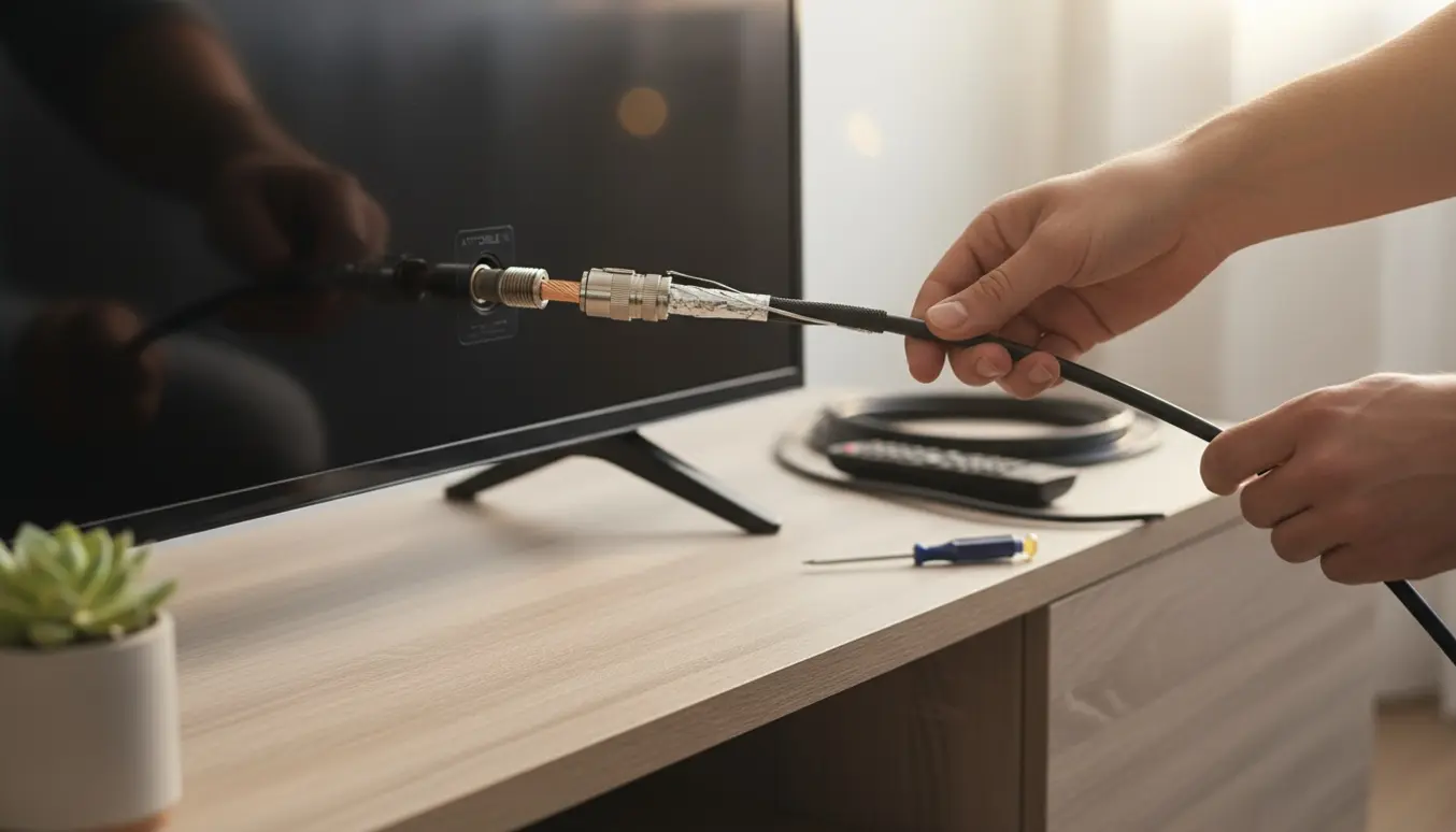 Hænder tilslutter et antennekabel til et fjernsyn i en lys, rolig stue.