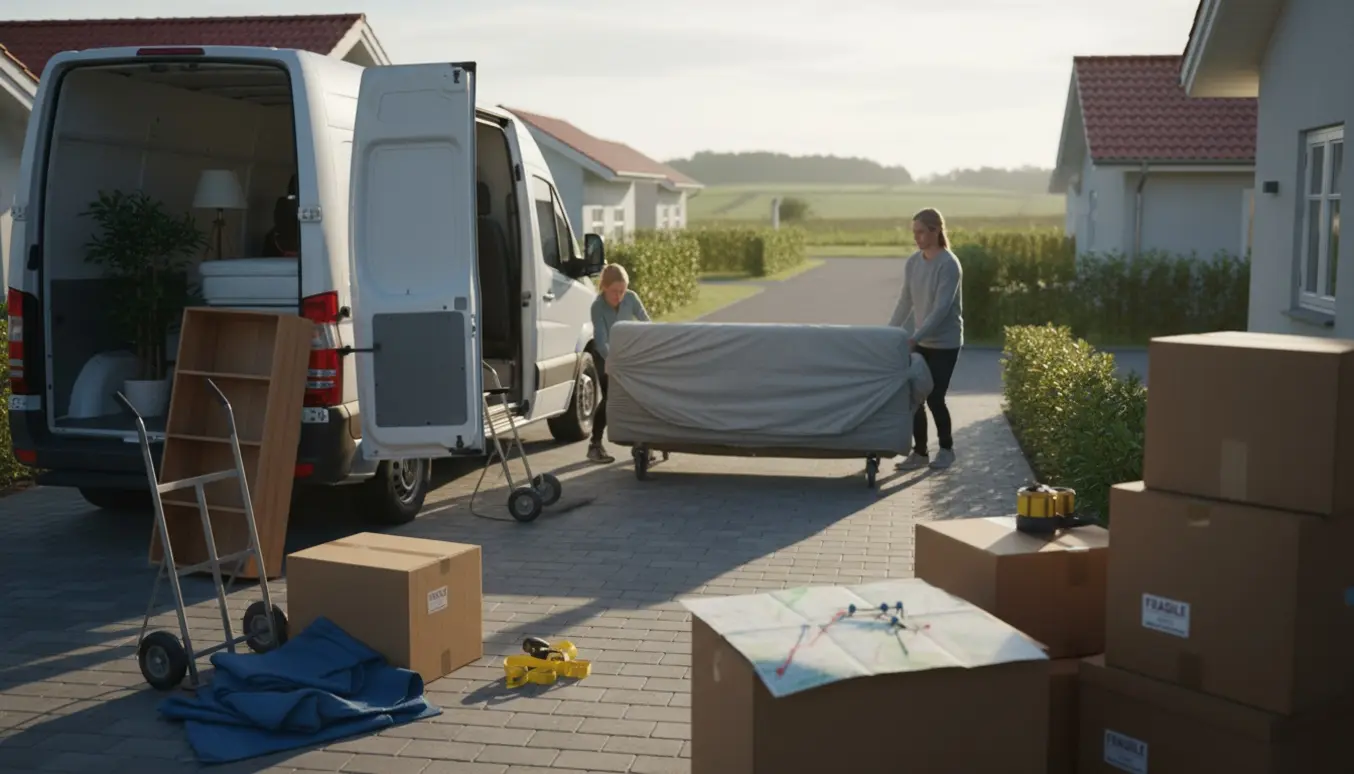 Flyttebil og stablede flyttekasser i indkørsel klar til flytning fra Ballerup til Osted.