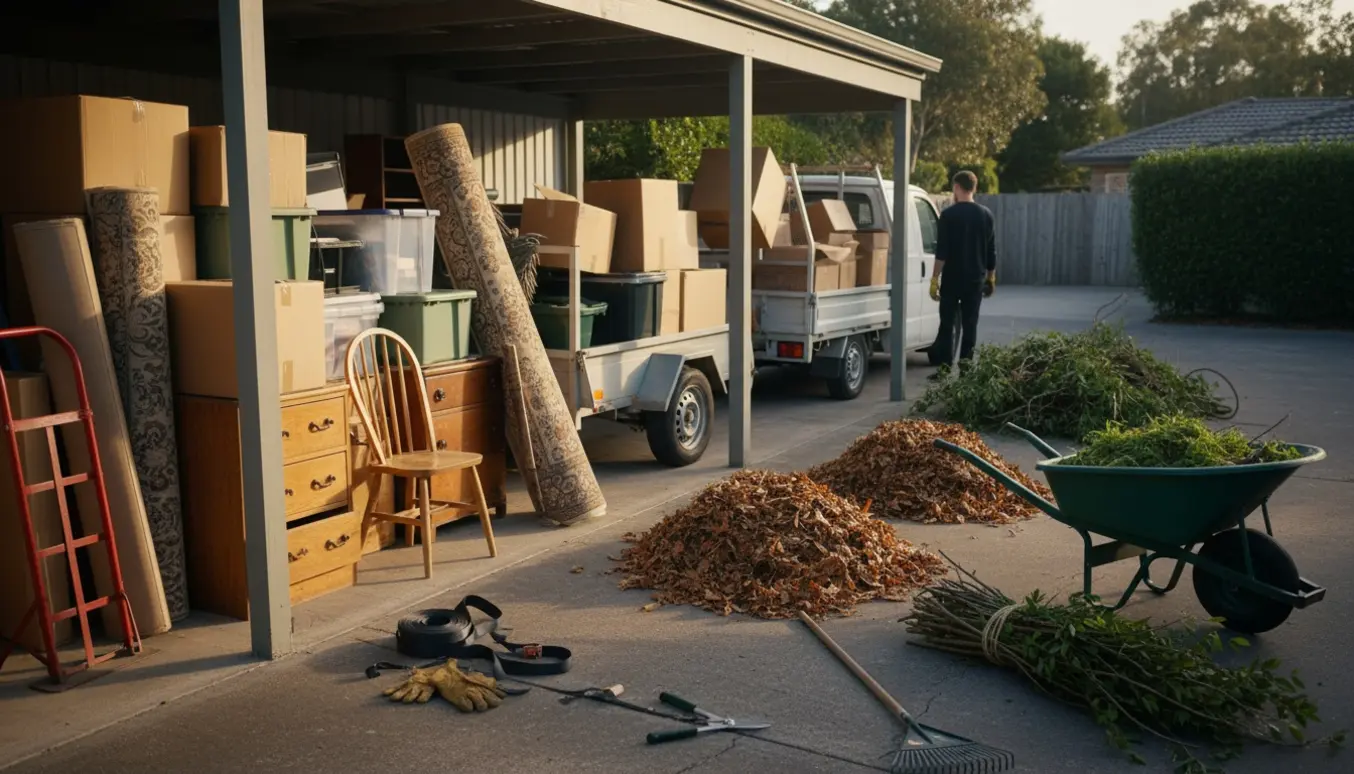 Carport og trailer fyldt med møbler og bunker haveaffald klar til bortkørsel.