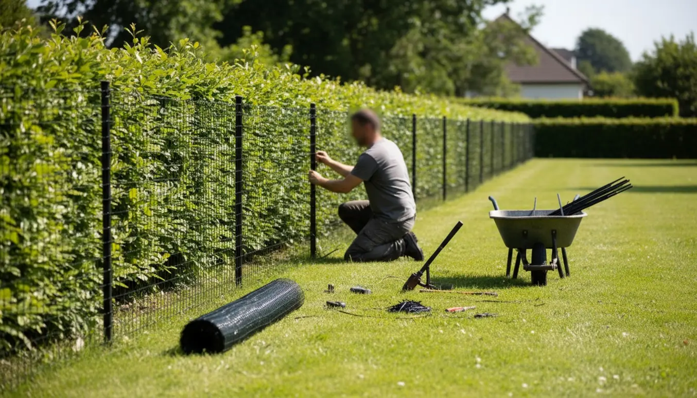 Nethegn monteres langs en lige hæk i en flad have med værktøj og materialer på græsset.