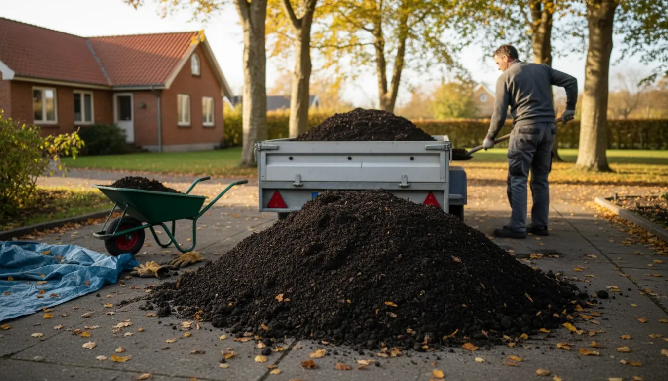 Trailer ved en stor bunke jord på en villagrund i Holte klar til bortkørsel.