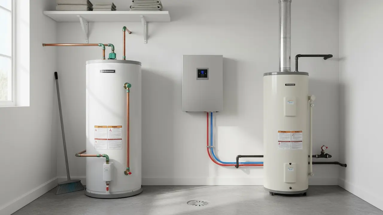Forskellige varmtvandsbeholdere i et teknikrum vist side om side