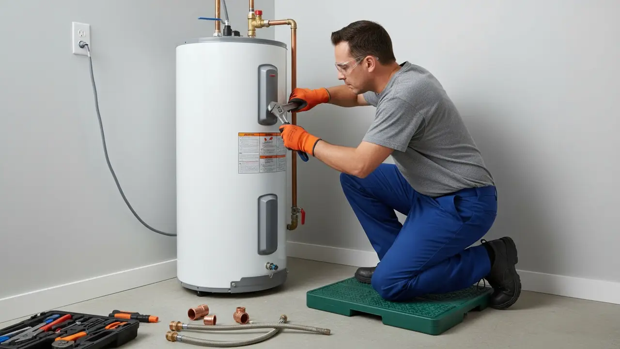 VVS-installatør installerer og tilslutter en varmtvandsbeholder i et teknikrum