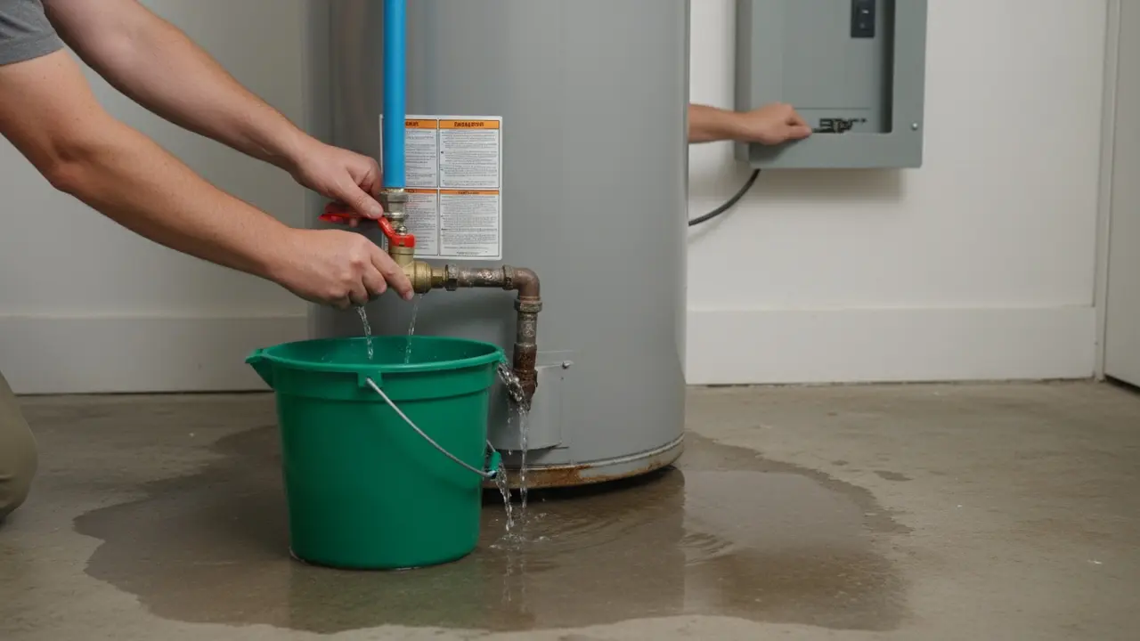 Person lukker for vandet og opsamler lækage fra varmtvandsbeholder