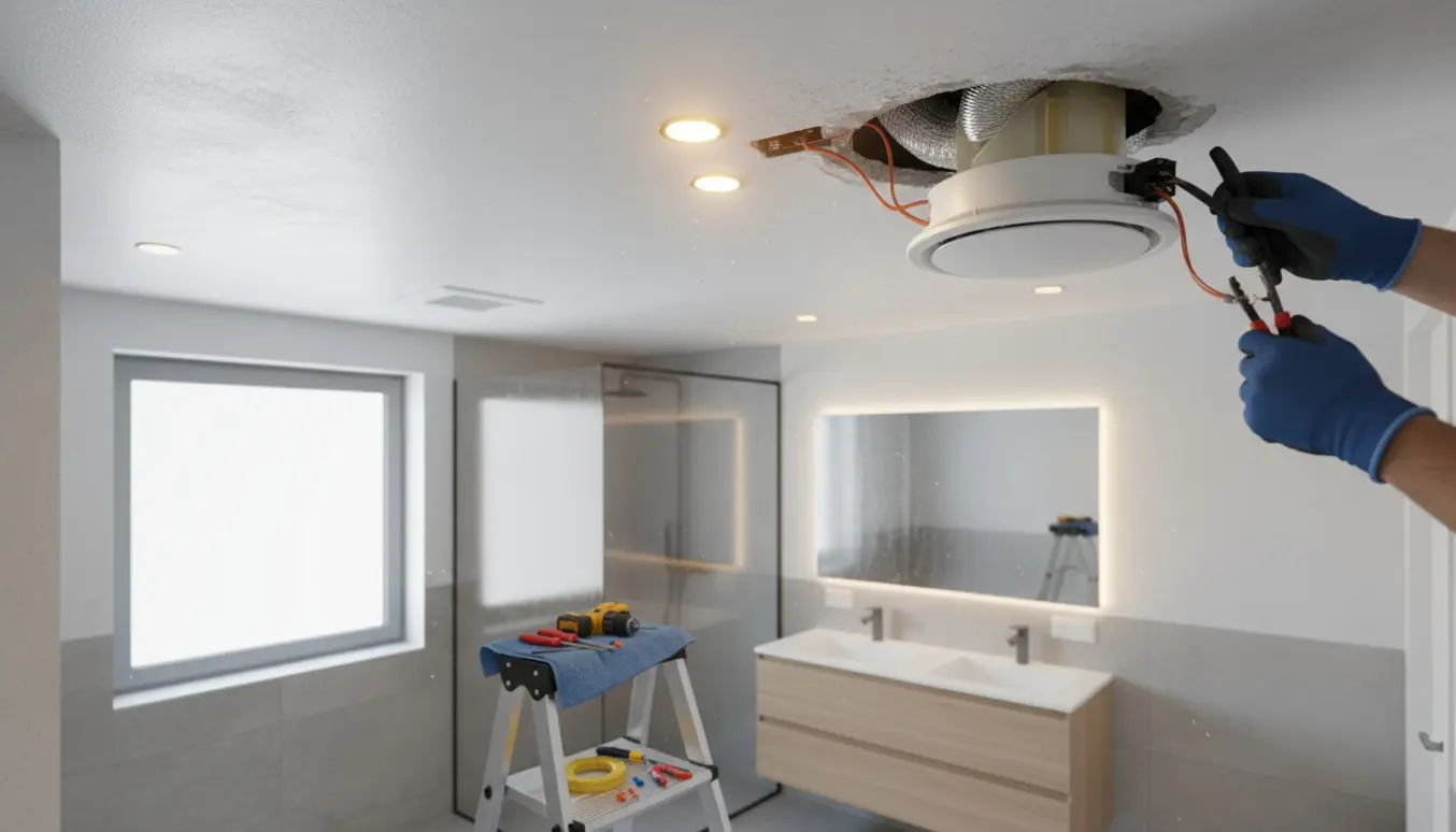 Elektriker monterer ventilator i et flisebadeværelse og trækker strøm fra et indbygningsspot.