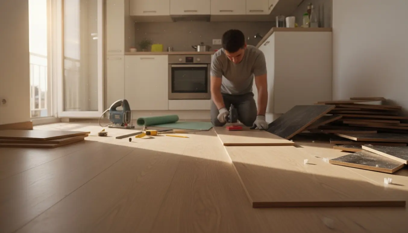 Udskiftning af klikgulv i et lille køkken, lyse træplanker lægges ved siden af det gamle mørke gulv.