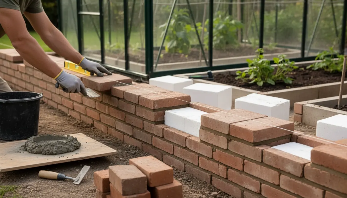 Håndværker lægger afsluttende sten på en lav murstensmur til drivhus med polystyren i mellemrummet og murerværktøj omkring.