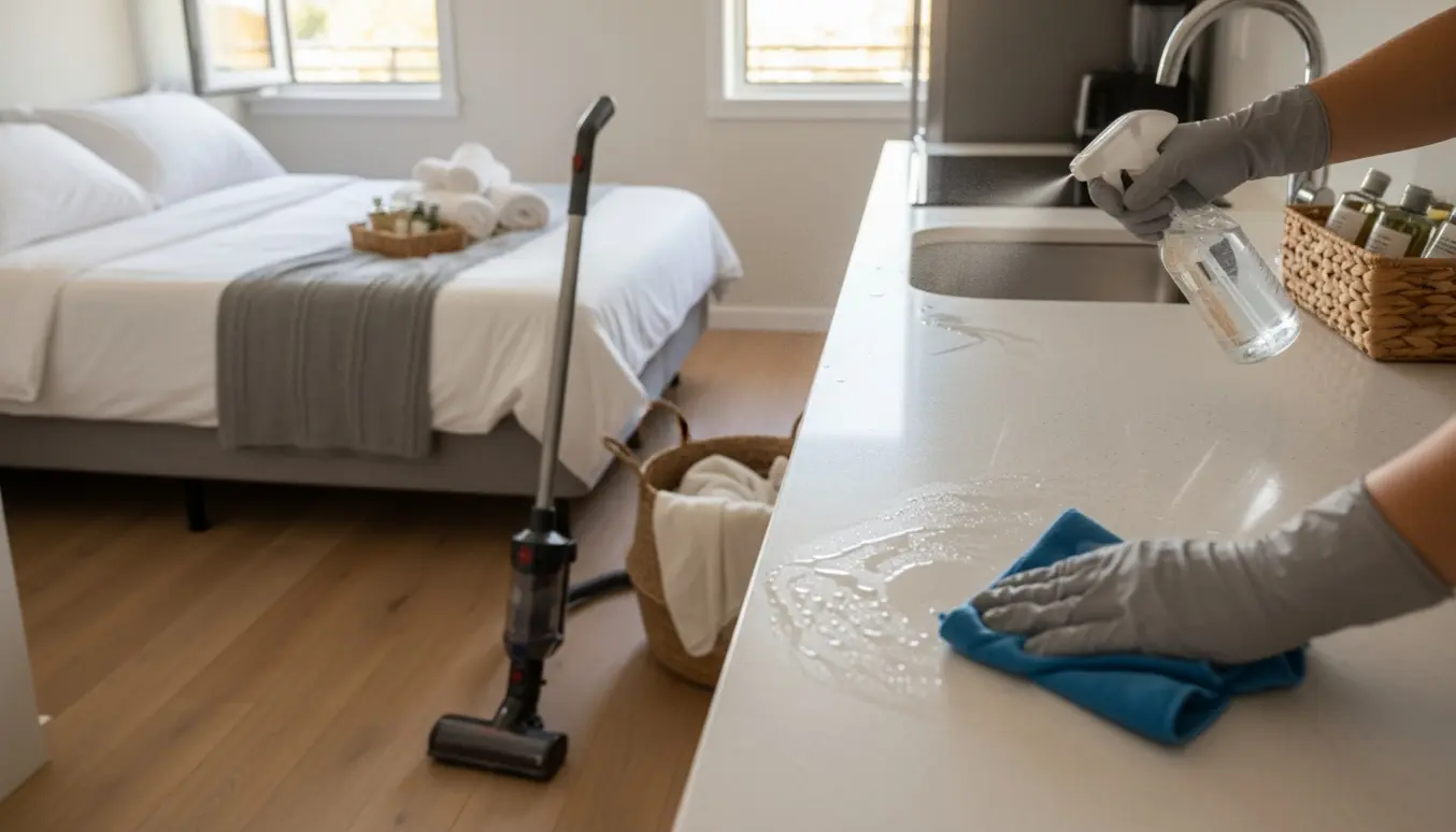 Hænder i gummihandsker pudser køkkenbord i en lys og ryddet Airbnb-lejlighed med nyvaskede håndklæder.