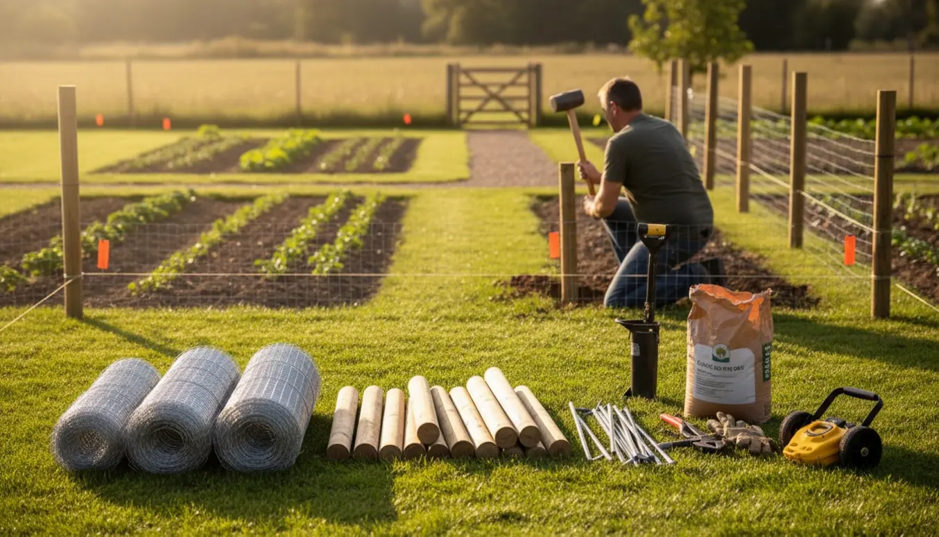 En person forbereder opsætning af hønsenet omkring en jævn have med ruller af hønsenet og stolper.