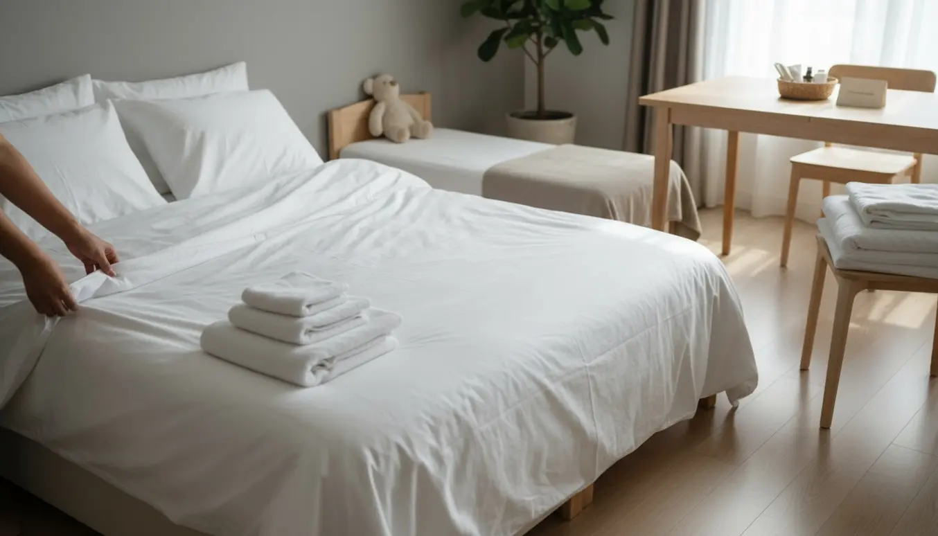 To nyredte senge i en lys Airbnb med tre stakke rene håndklæder og en kurv på spisebordet.