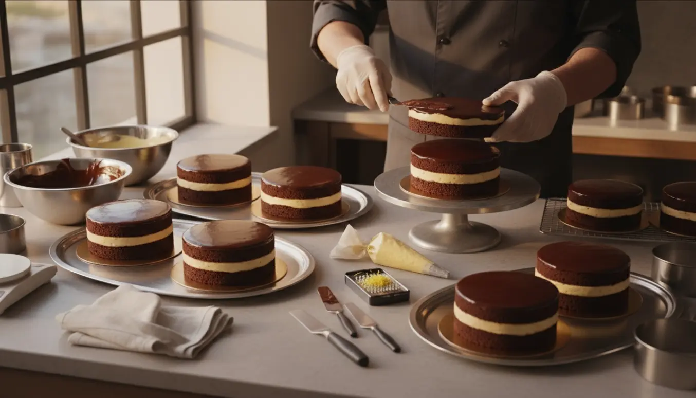 Fem-seks pænt afsluttede runde chokoladelagkager på et bagebord med citrusmousse og værktøj omkring dem.