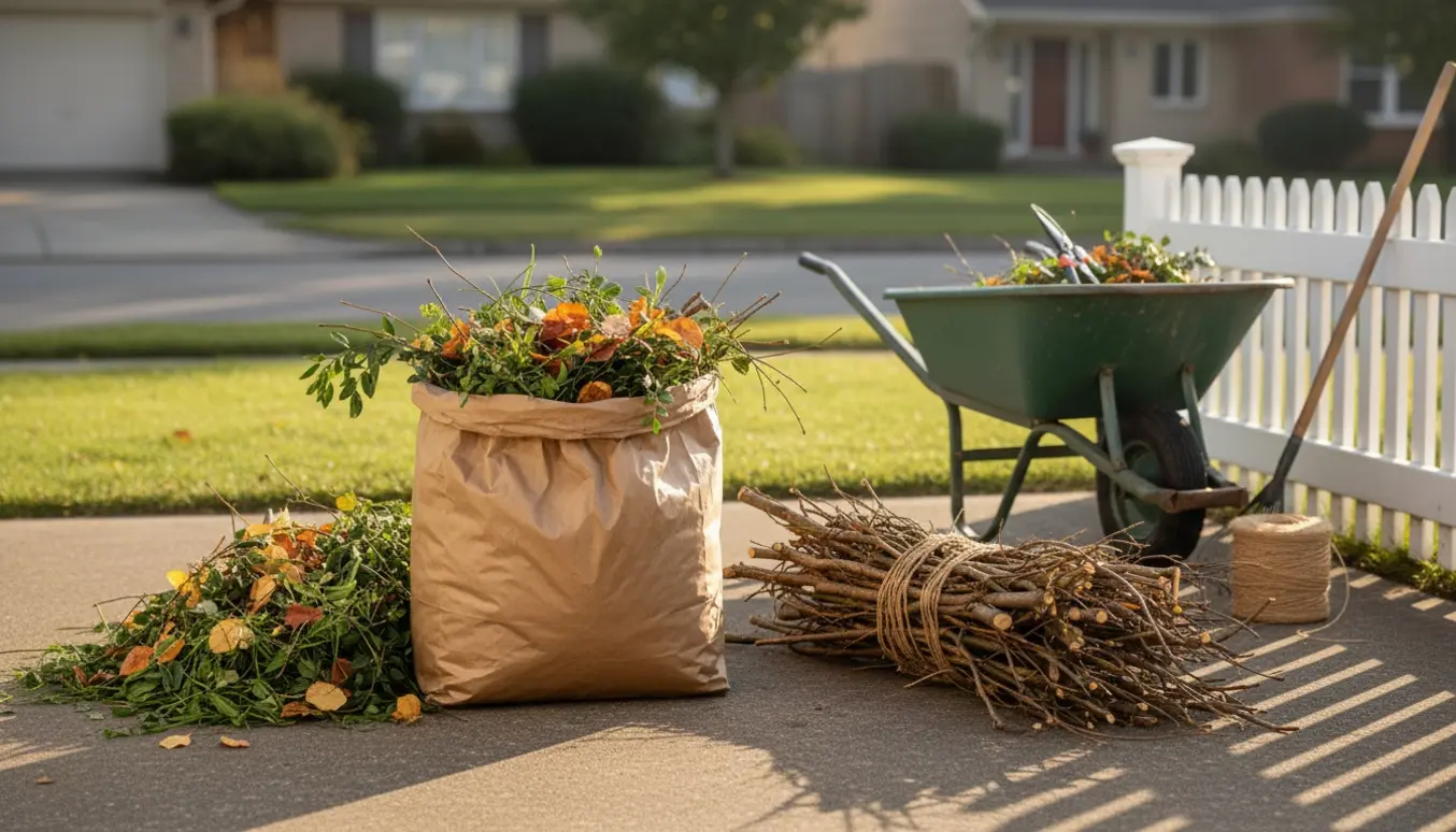 To bunker haveaffald — en stor papirsæk med hækafklip og grene og et mindre bundt klar til afhentning ved fortovet.