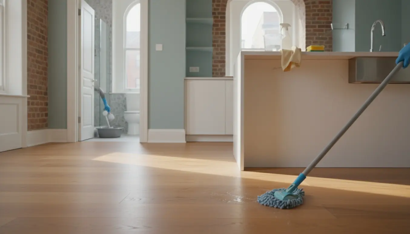 Tom murermestervilla med trægulv, køkken og badeværelse, hvor rengøringsudstyr er sat frem.