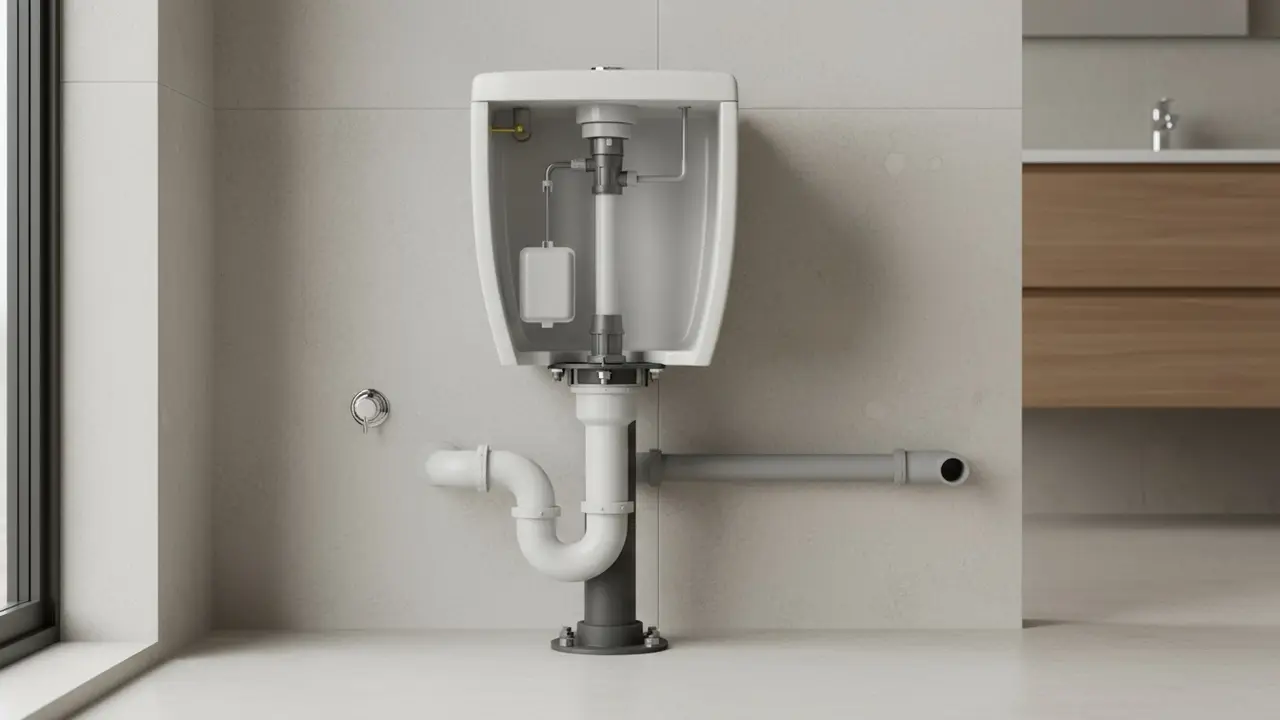 Tværsnit af et toilet med cisternen, vandtilførsel, afløb og gulvflange