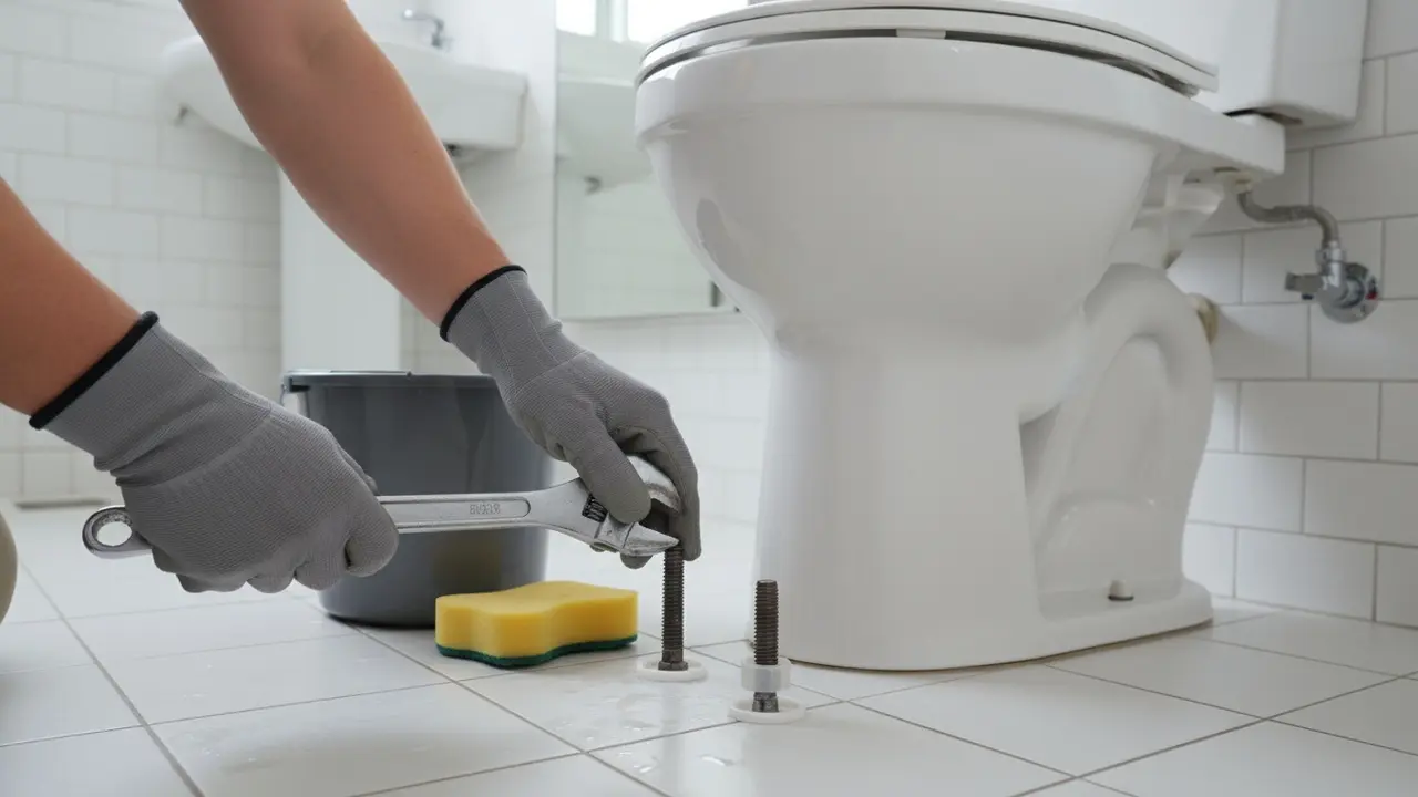 Hænder med værktøj løsner bolte for at fjerne et gulvstående toilet