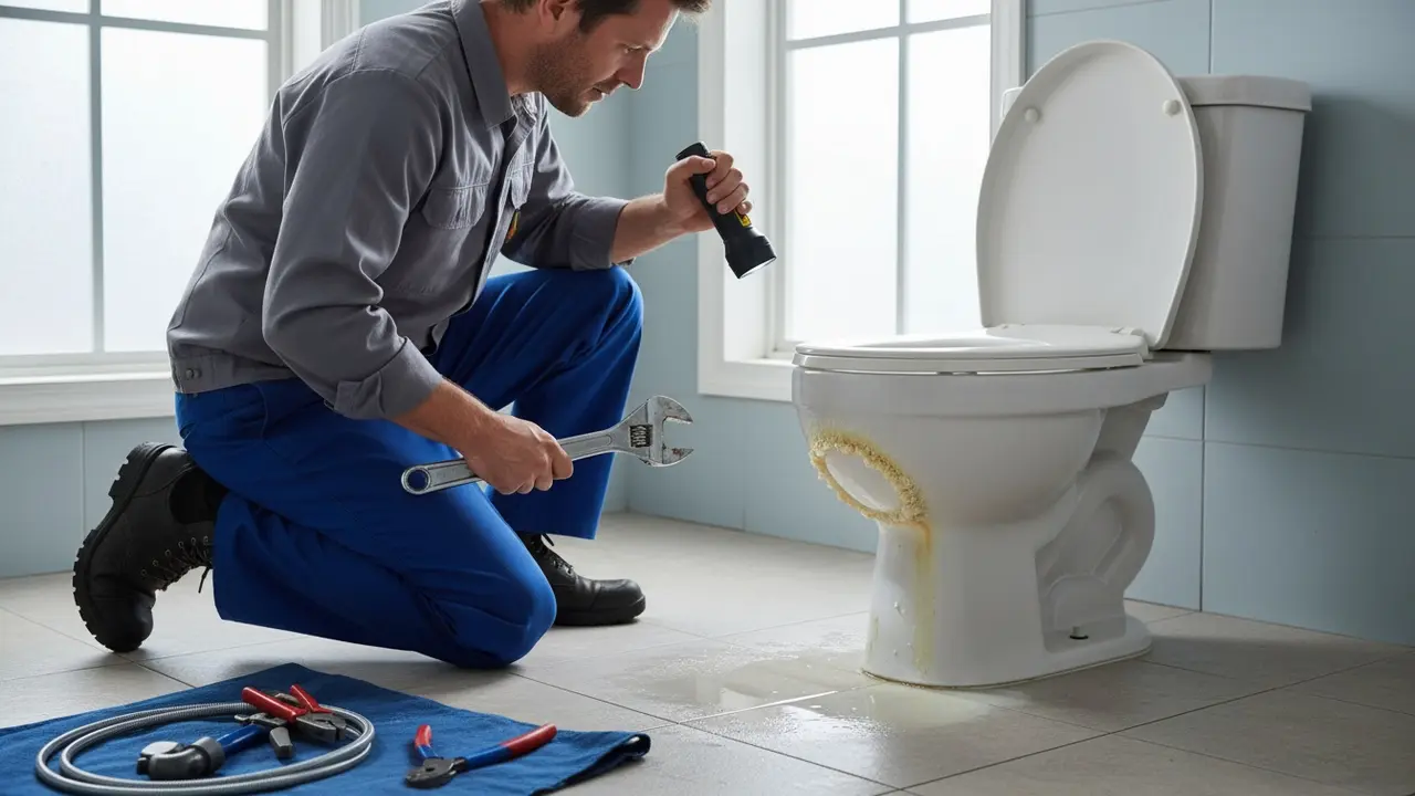 VVS-tekniker inspicerer et toilet med lækage ved sokkel og kalk i skålen