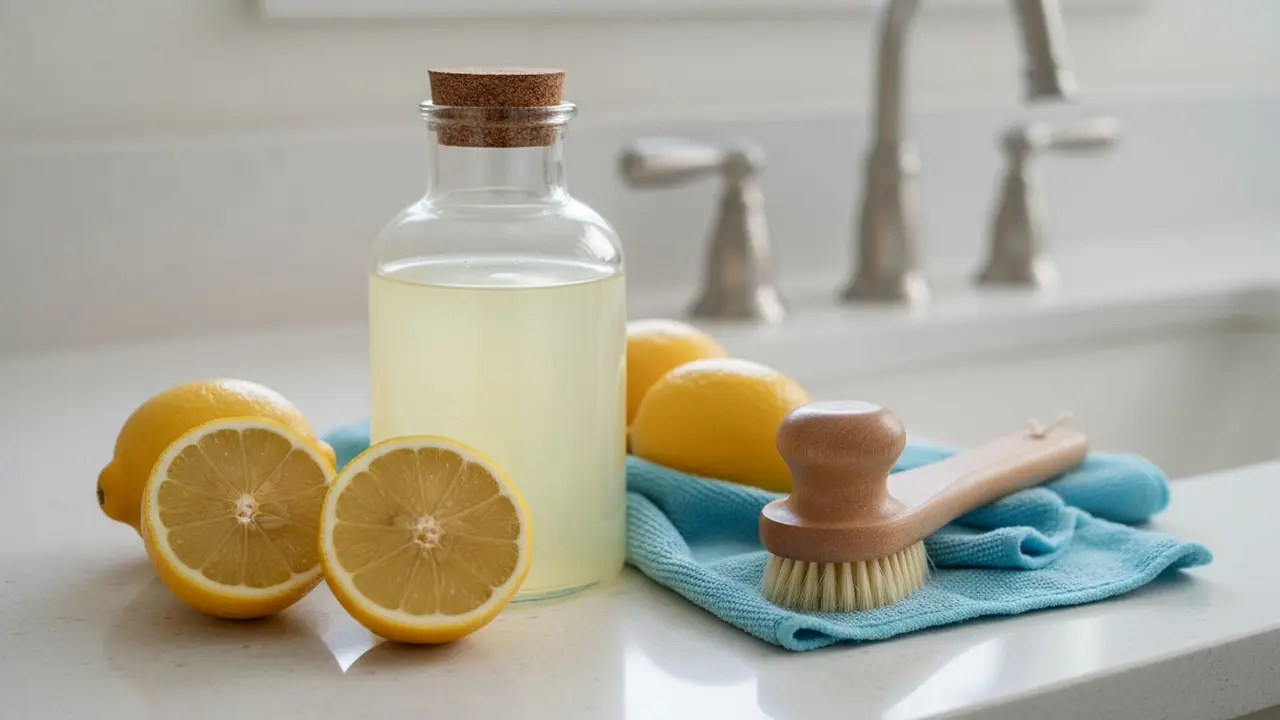 Citronbaseret rengøringsmiddel med friske citroner og mikrofiberklud ved et armatur.