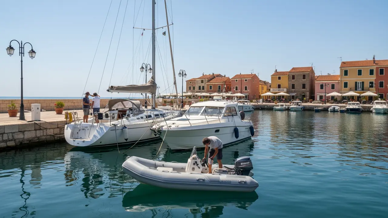 Marina med sejlbåd, motorbåd og jolle ved kajen i roligt vejr