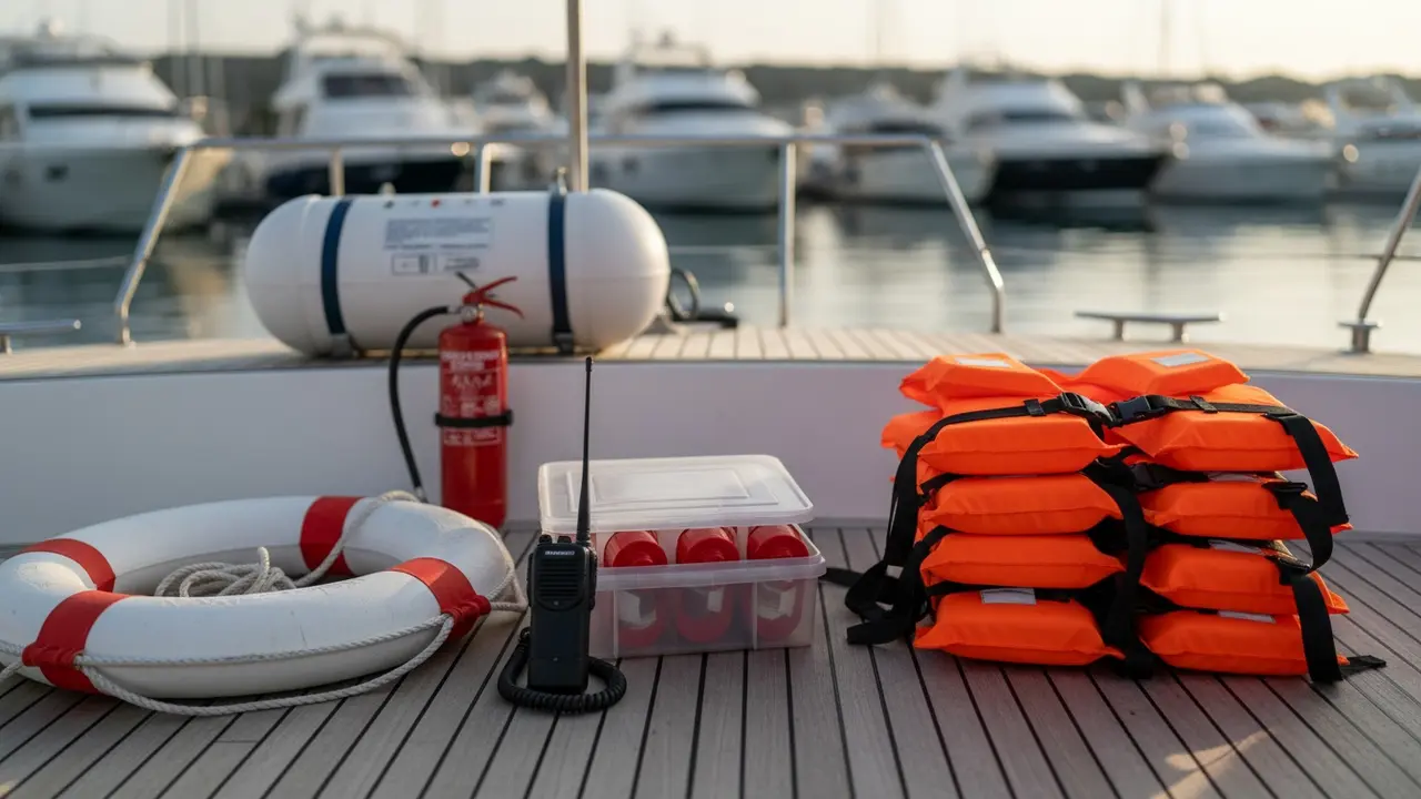 Sikkerhedsudstyr på dækket: redningsveste, livbøje, VHF, nødblus og brandslukker