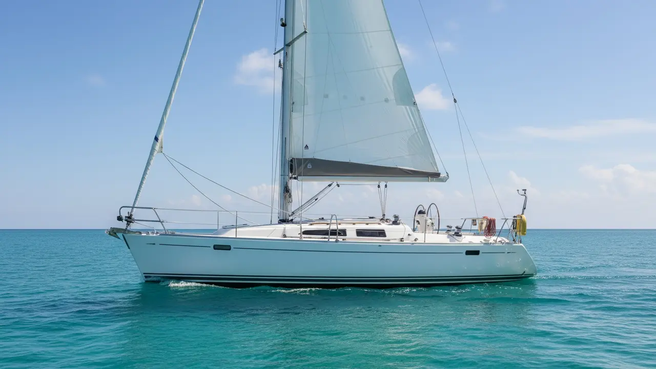 Sideprofil af sejlbåd under sejl med skrog, mast, bom, cockpit og køl synlige