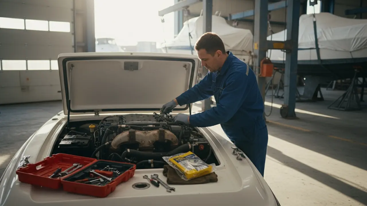 Mekaniker ved bådmotor i bådværksted med værktøj og reservedele