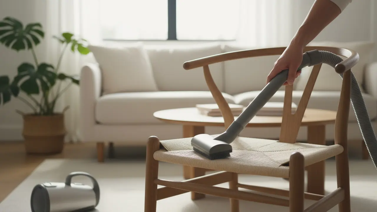 Person støvsuger en stofbetrukket Y-stol med blødt vacuumhoved