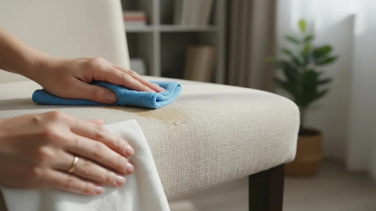 Nærbillede af blid dupning med mikrofiberklud på en stofplet