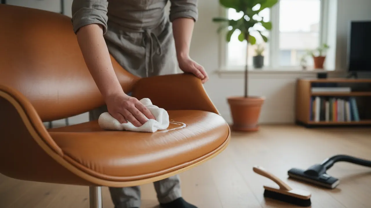 Skånsom rensning af læderstol med skummet sæbe og blød klud