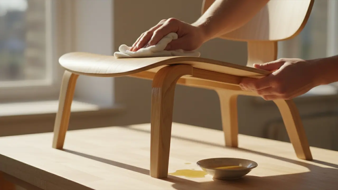 Hænder masserer træolie ind i en stolestol med mikrofiberklud