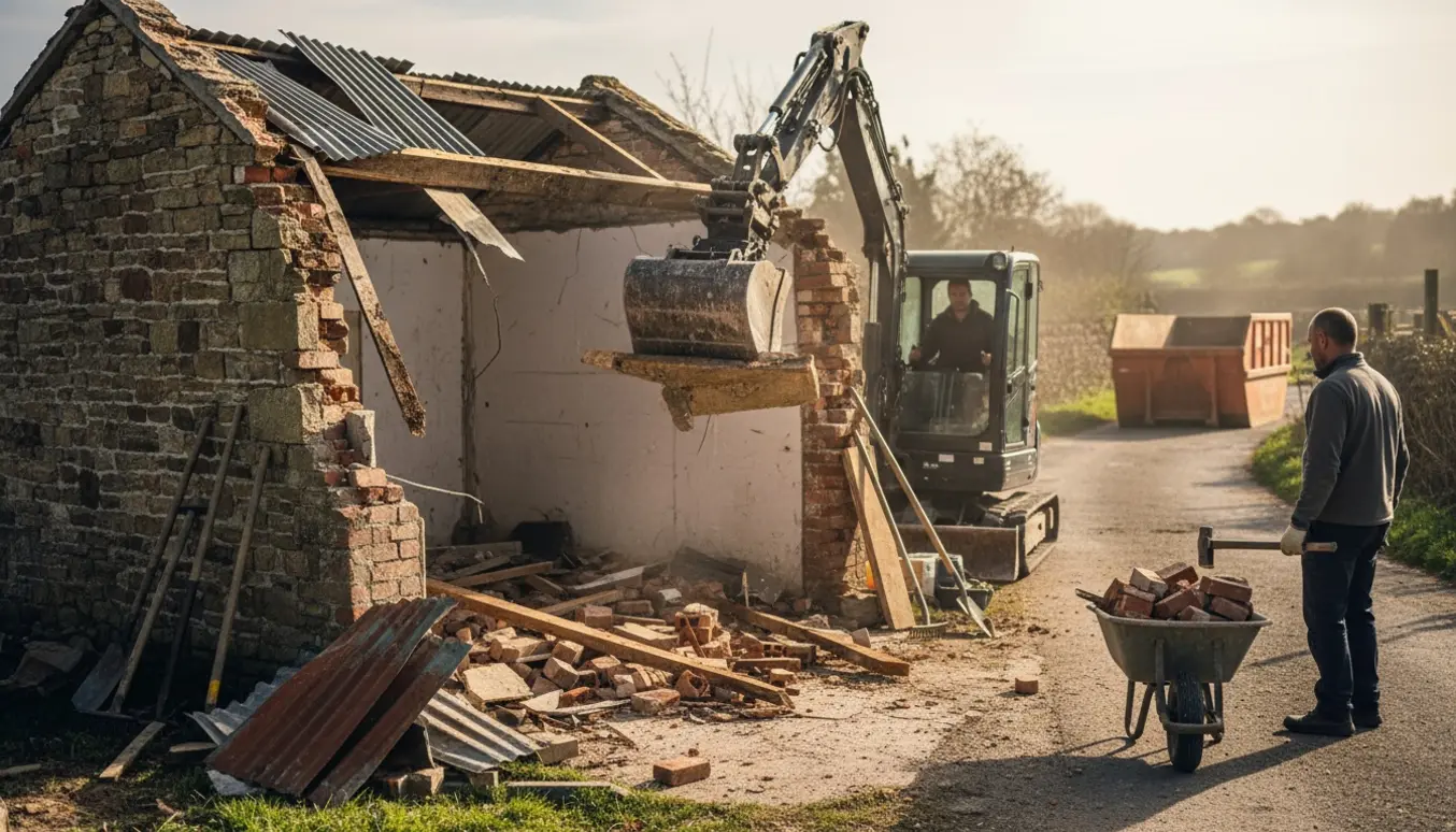 Delvist nedrevet muret udhus med betonbund, murbrokker og minigraver, container ses i baggrunden ved en privat vej.