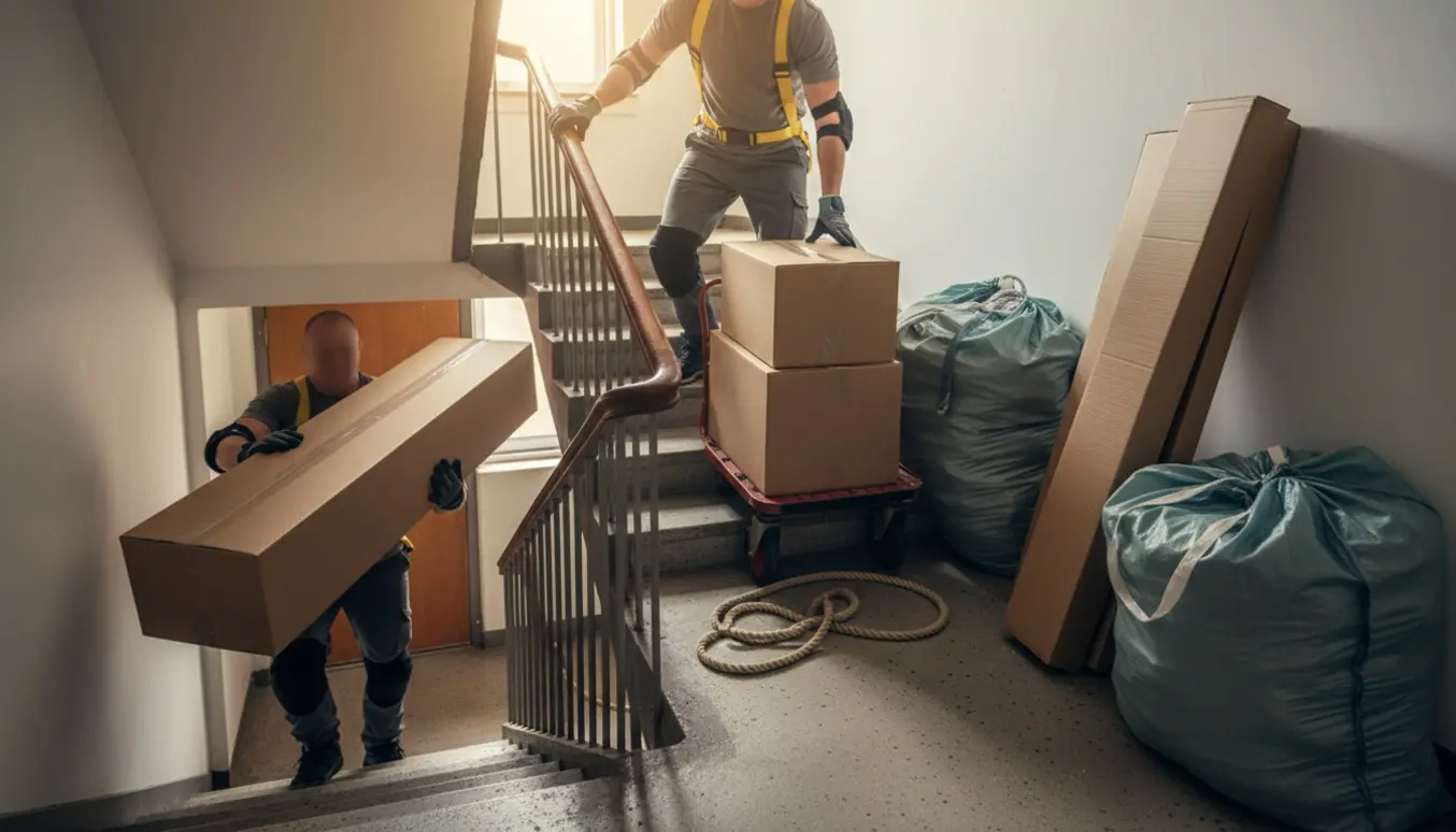 To personer bærer kasser og stofposer ned ad en trappe mod kælderdøren, kun rygge og hænder synlige.