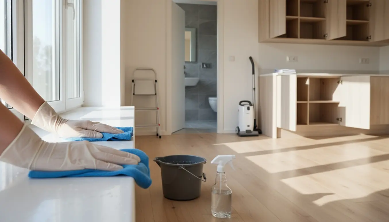 Tomt hus med hænder i gummihandsker, der pudser en vindueskarm, rengøringsspand og et skinnende badeværelse i baggrunden.