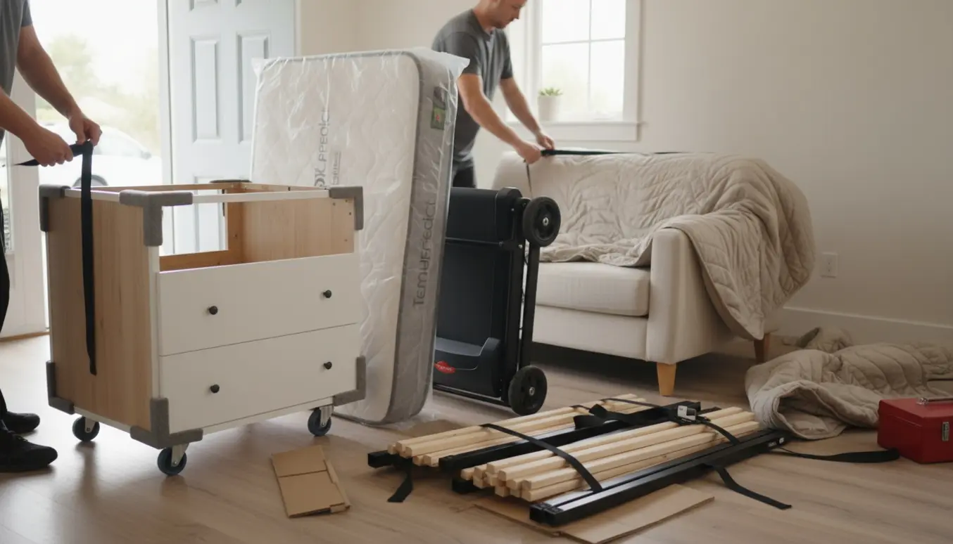 Flyttescene med hvid kommode uden skuffer, queen Tempur madras, sammenklappet løbebånd, let sofa og adskilt sengeramme i en opstillet entré.