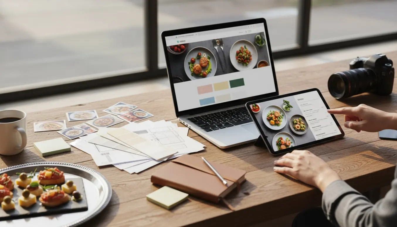 Webdesigner ved et vinduesbelyst skrivebord med laptop og tablet, der viser webmockups og appetitlige catering-retter.