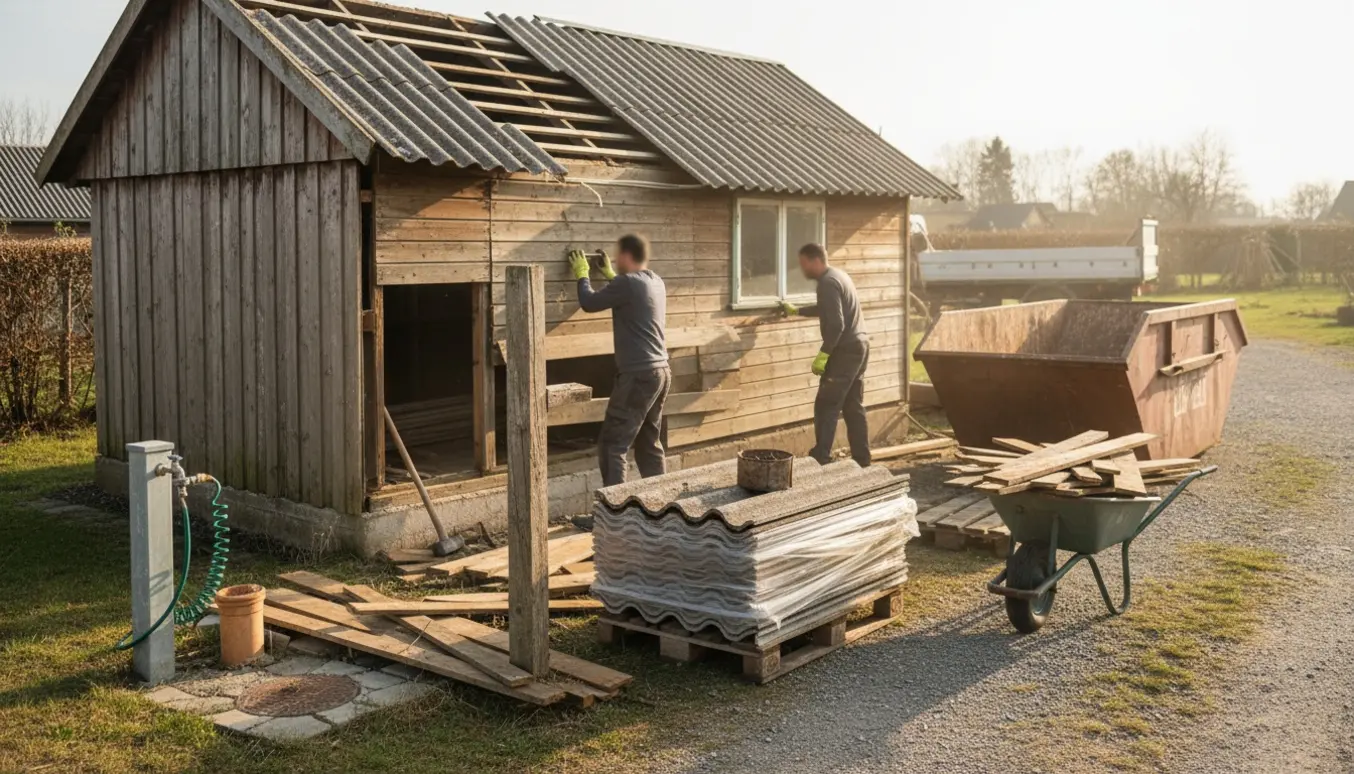 Delvist nedrevet trækolonihavehus med stablede eternitplader og container til byggeaffald.
