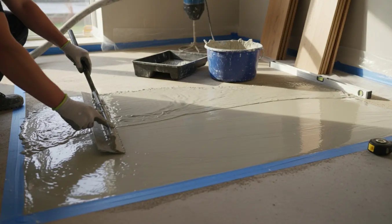 Gloved hænder glatter flydespartel ud på et lille gulv på omkring 6 m², klar til gulvbelægning.