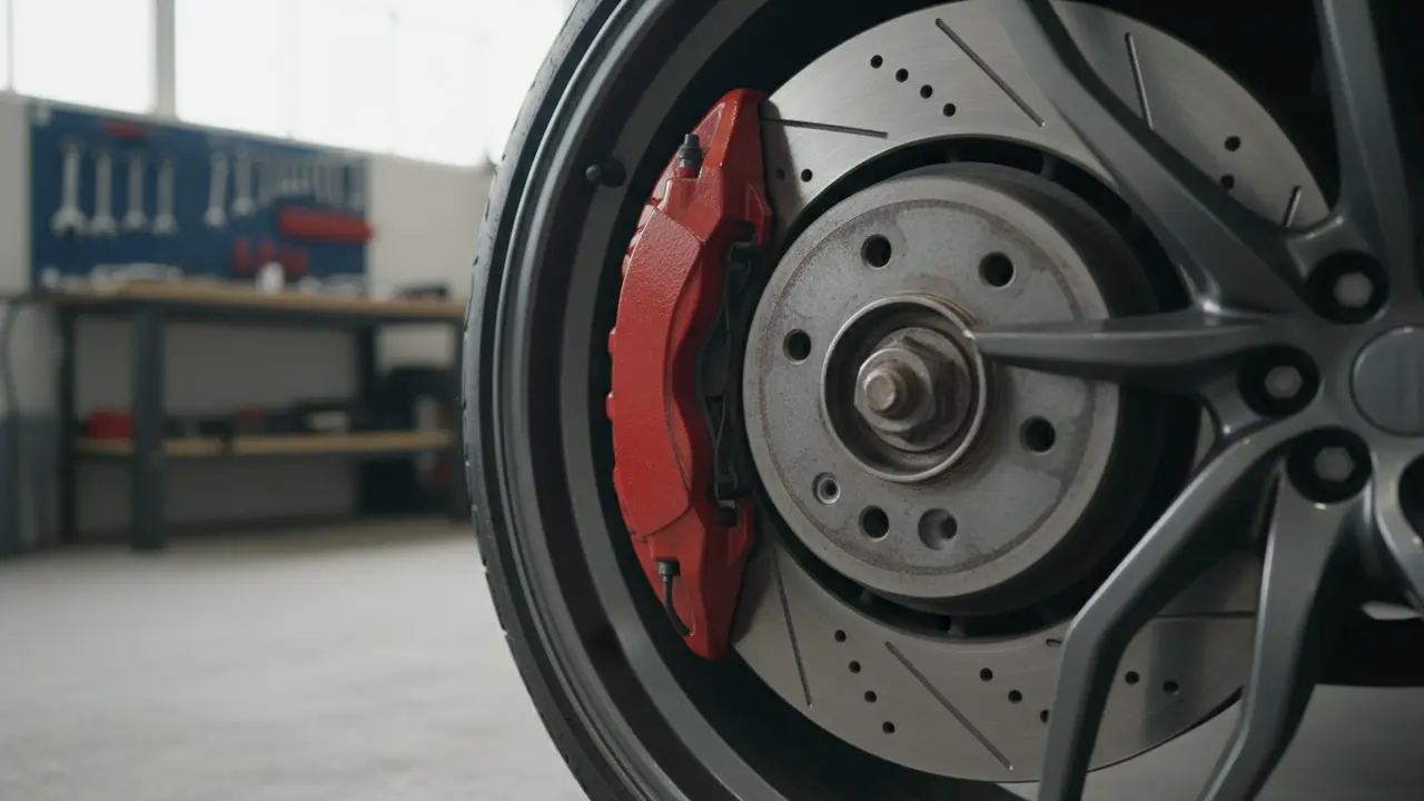 Nærbillede af skivebremse med kaliber, bremseklodser og bremseskive