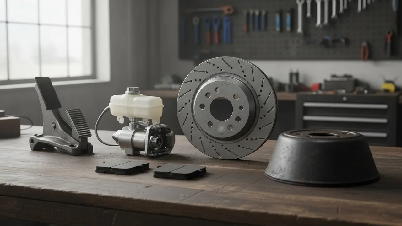 Oversigt over centrale bremsedele lagt op på værkstedsbænk