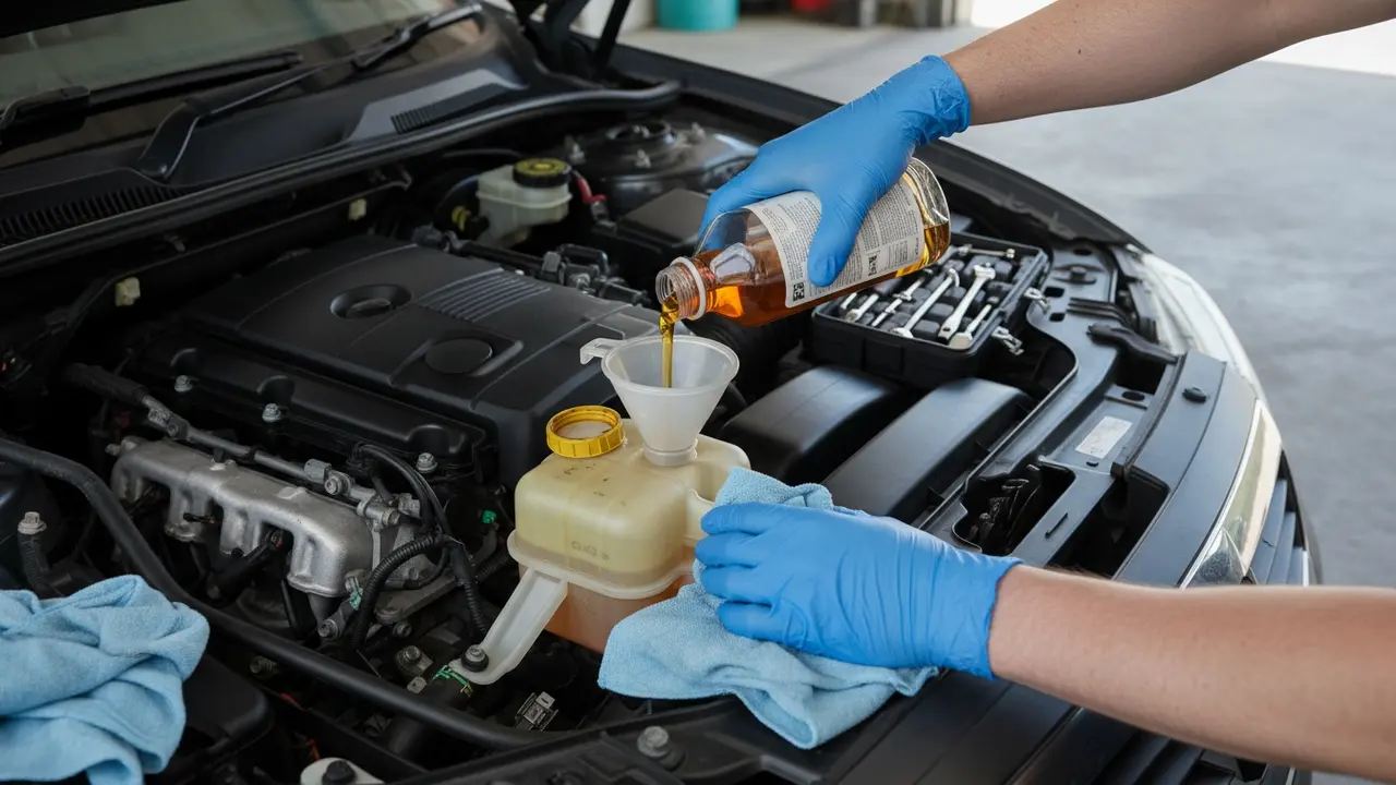 Person med handsker fylder bremsevæske i bilens væskebeholder