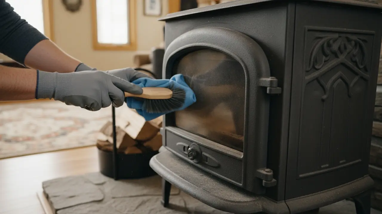 Person støver af brændeovnens udvendige overflade med blød børste og mikrofiberklud.