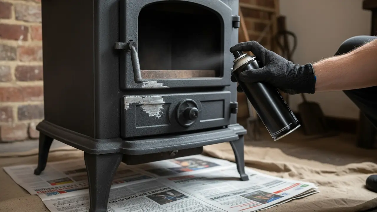 Hænder påfører pejsemaling-spray på en ridse i brændeovnens ydre.