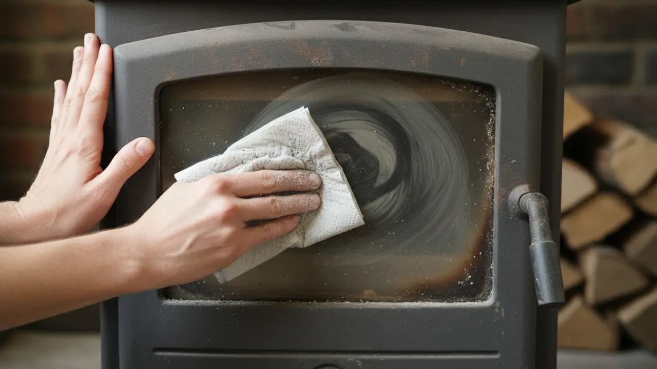Rengøring af brændeovnsglas med køkkenrulle og aske i cirkulære bevægelser.