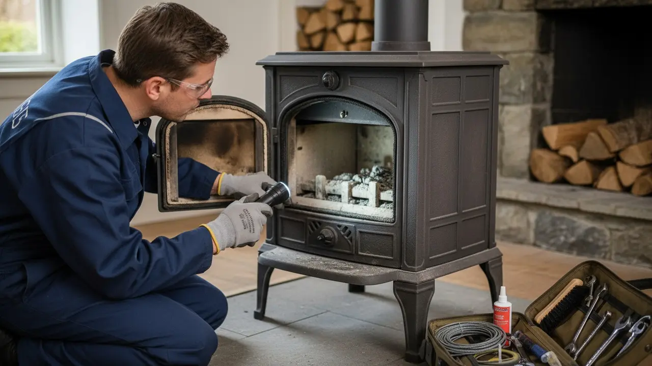 Fagmand inspicerer brændeovnens pakninger og brændkammer med lommelygte.