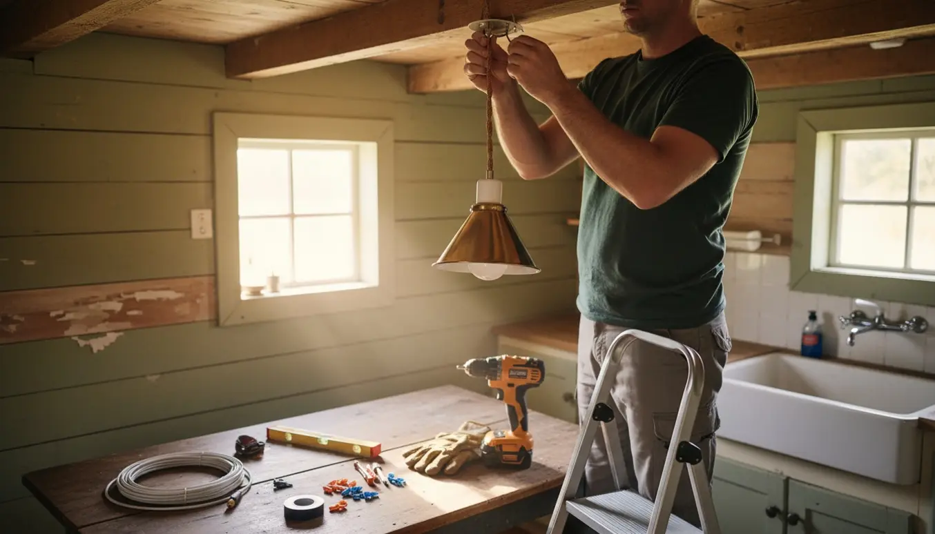 En håndværker hænger en pendel op i køkkenet i et gammelt sommerhus, tæt på hænder og værktøj.