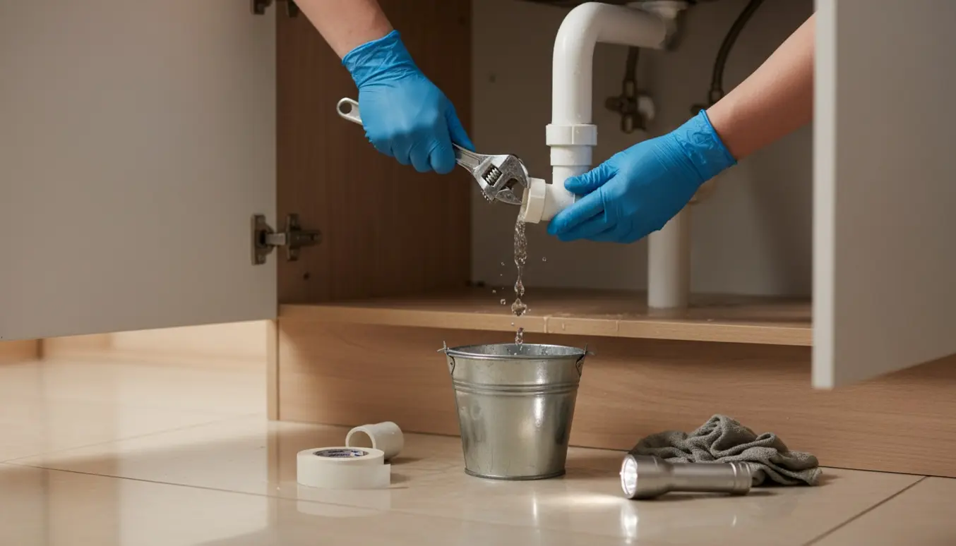 Hænder med handsker reparerer et utæt hvidt plastrør under bryggersvask, mens en spand opsamler vand.