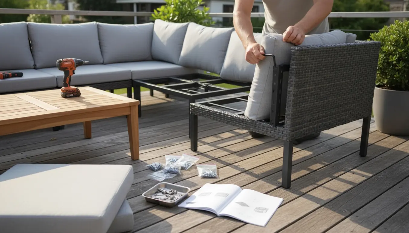 Hænder samler en udendørs loungehjørnesofa og matchende bord på en terrasse.