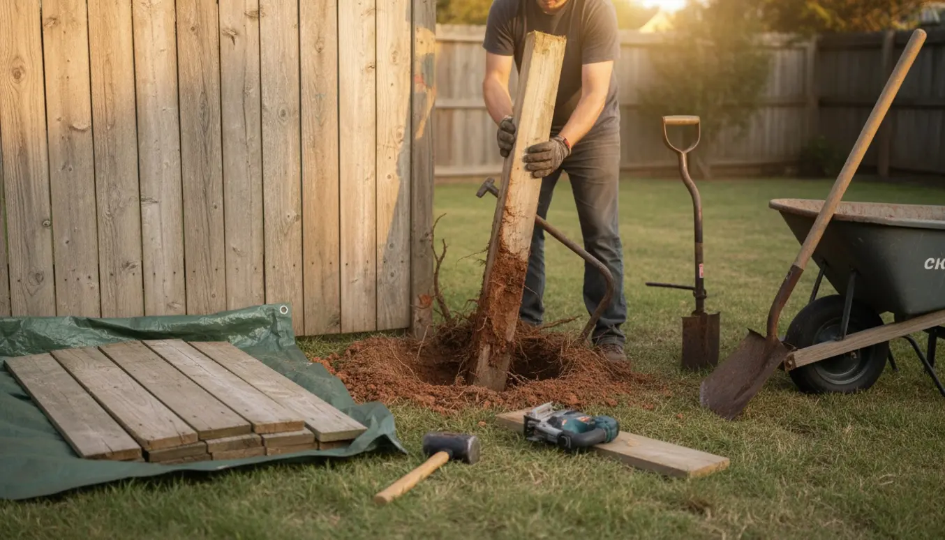 Opgravet træstolpe og stablede fjernede hegnbrædder i en baghave med værktøj klar.