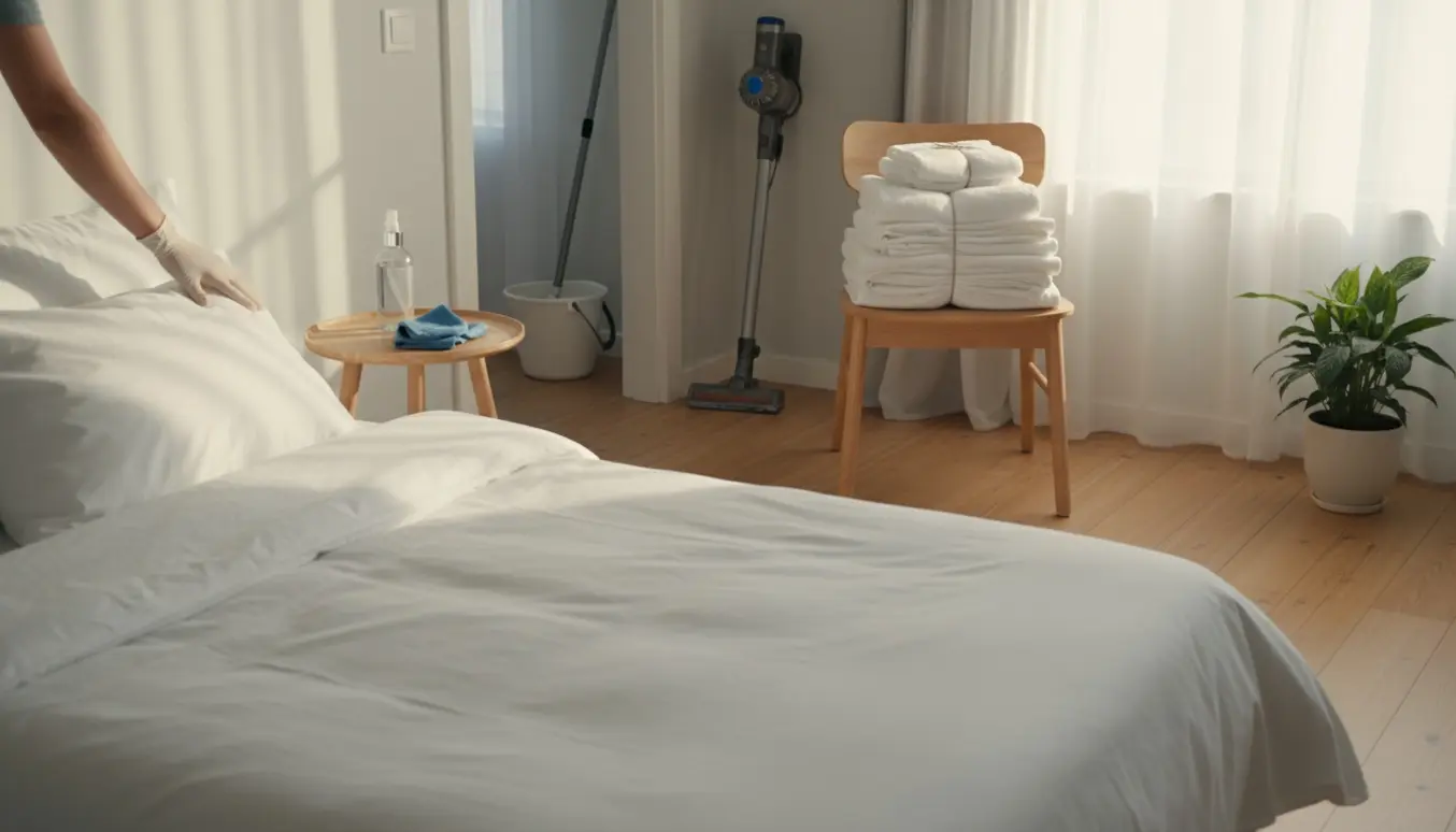 Rengjort Airbnb-værelse med nyopredt seng og foldet sengetøj.